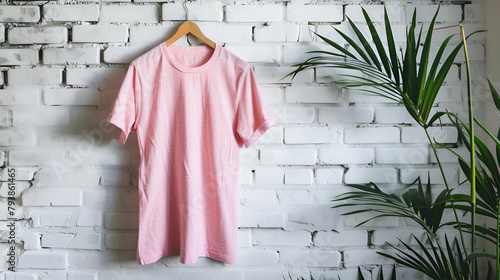 Pink t-shirt with short sleeves isolated on hanger, Top view pink color T-Shirt on grey background, Pink shirt dress on hanging isolated, Pink t-shirt on a wooden hanger isolated over white background photo