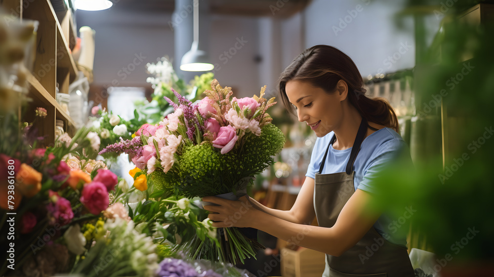 Small business. Male florist is unfocused in a flower shop. Floral design studio, making decorations and arrangements. Flowers delivery, creating order