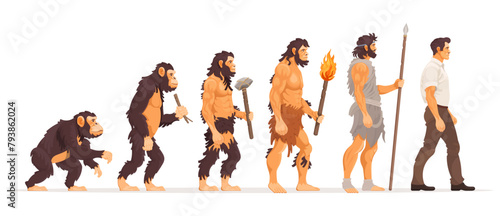 Human evolution. Development from ape to modern man concept. Growth process with monkey, walking upright primate, caveman to businessman. History mankind progress stages. Vector illustration.
 photo