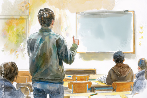 Illustration of a teacher in a classroom writing on a whiteboard as students watch attentively photo