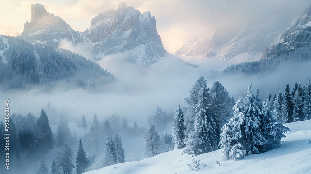 Foggy morning in the winter mountains. Dolomite Alps I