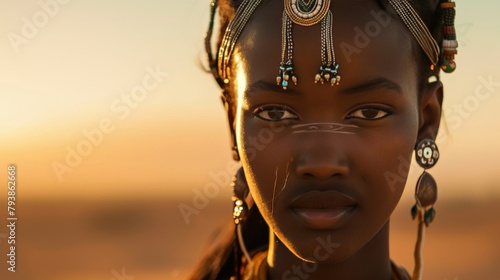 A serene portrait of a Fulani girl adorned with traditional jewelry, her gaze calm and powerful, set against the backdrop of the vast African savannah at sunrise photo