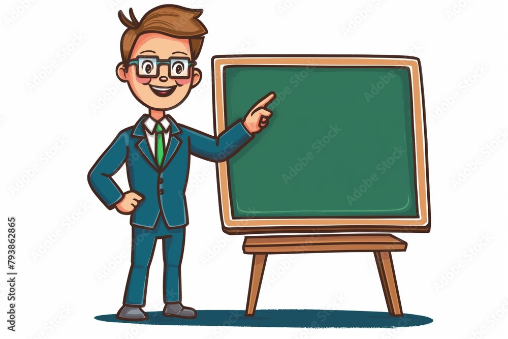 Friendly animated teacher character pointing at a blank chalkboard, ready for text or graphics Friendly animated teacher character pointing at a blank chalkboard, ready for text or graphics