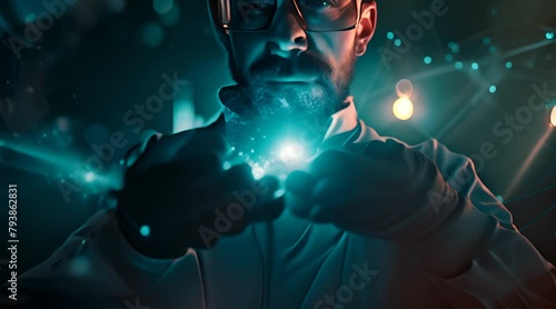 Future power Battery or smart chip An engineer holding a small, powerful cell, set against a background of potential nuclear battery applications in everyday life Energy and technology development con photo