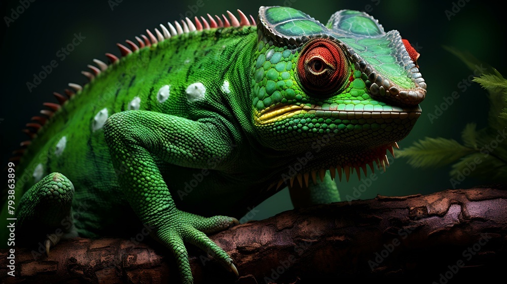 Portrait of green iguana in profile on a green