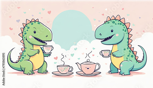 Cute happy dinosaur teatime