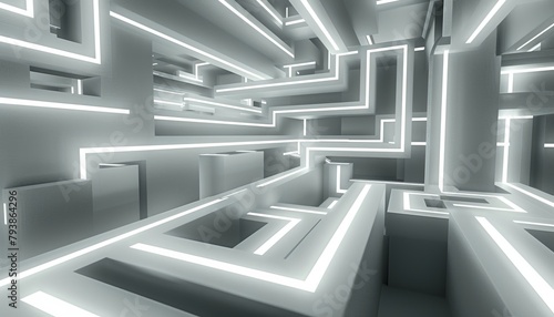 3D rendering of a maze with glowing white lines