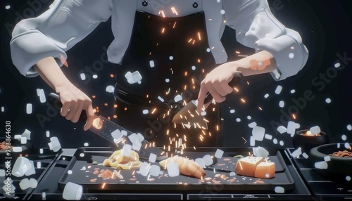 A chef in a white uniform is expertly chopping vegetables with a knife while sparks fly.