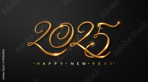 Happy new year 2025 banner with realistic golden luxury number. 2025 Happy new year and Merry Christmas festive design template