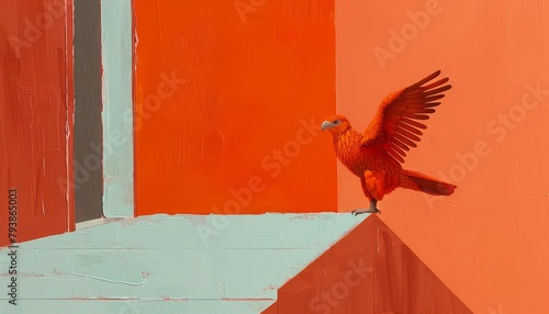 A painting of a red bird with outspread wings standing on a ledge in front of an orange background. photo
