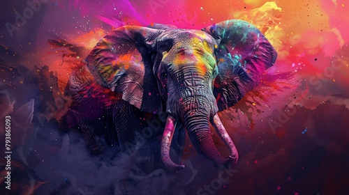 African elephant on colorful watercolor background. Digital art painting style. photo