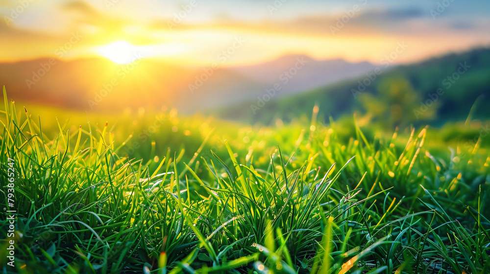Fresh green grass in the mountains at sunset. Macro 