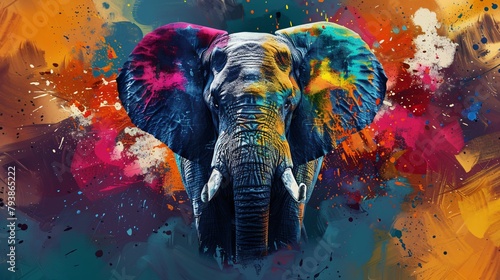 African elephant on colorful watercolor background. Digital art painting style. photo