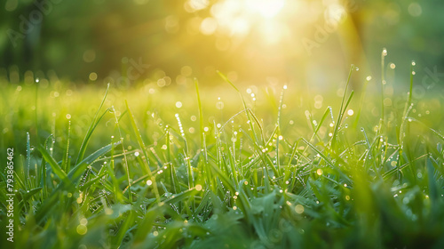 Fresh green grass with morning dew in a summer forest