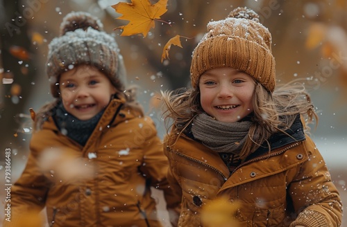 Smiling children in warm clothing enjoying the experience of playing with autumn leaves photo