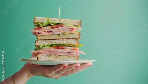 Female hand holding plate with delicious ham sandwich on green background