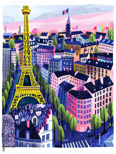 Paris city skyline cute colorful hand drawn style illustration