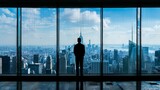 A solitary businessman standing before a large window overlooking the city skyline, his silhouette reflecting a moment of contemplation amidst the chaos of corporate life.