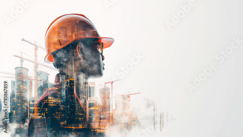 Portrait of a construction worker wearing a mask at a job site on white background with copy space.