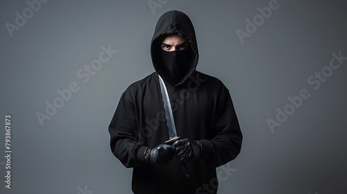 Thief wear black long sleevs and holding knife photo