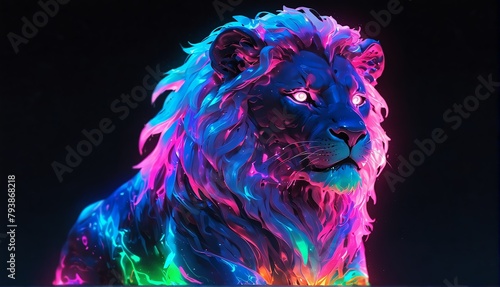 front facing lion teal neon light glowing statue on plain black background from Generative AI