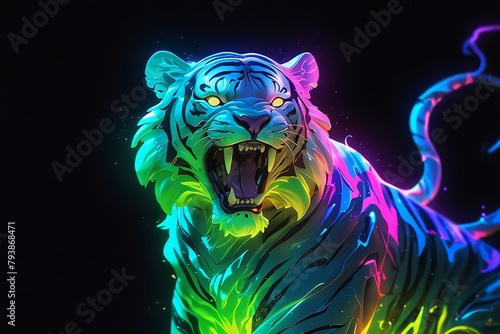 roaring tiger colorful neon light glowing statue on plain black background from Generative AI
