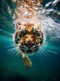 Portrait of a tiger swimming underwater water, splashes and bubbles on blue background. Animal dives under the water. Concept for poster, print, wed design, banner. Water drops.
