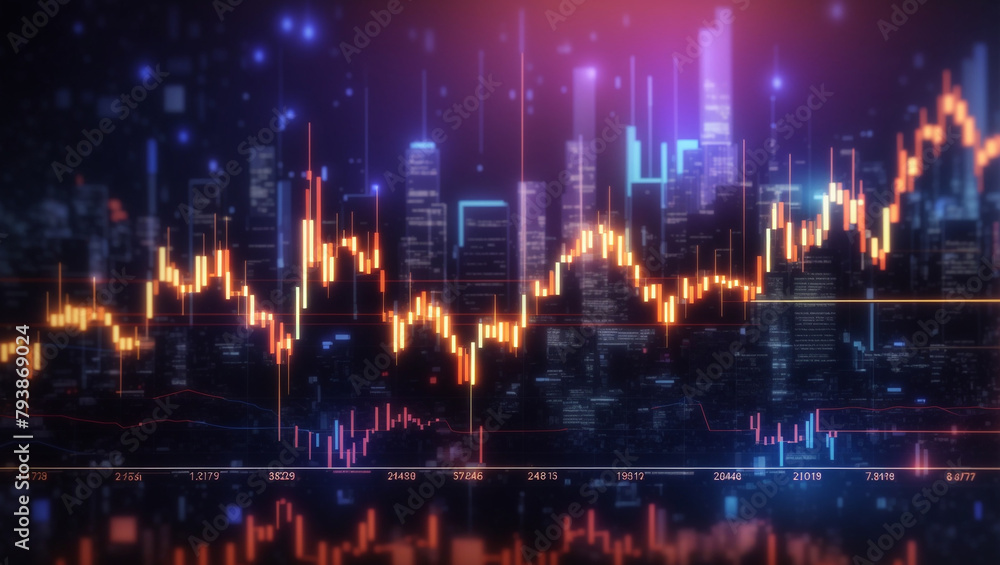 A glowing orange and yellow line graph is superimposed over a dark blue and purple cityscape