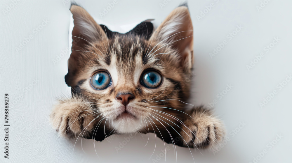 Obraz premium Cute kitten sticking its head out of the hole in white paper background