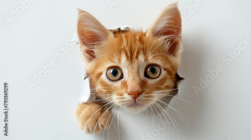 Cute kitten sticking its head out of the hole in white paper background