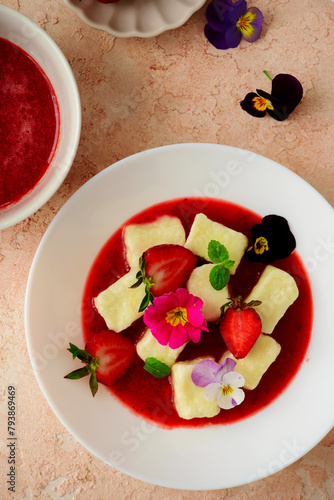 Curd Lazy dumplings with strawberry sauce.top veiw.style hugge