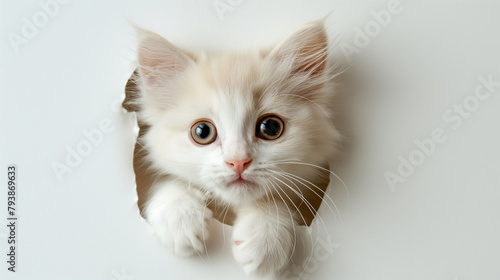 Cute kitten sticking its head out of the hole in white paper background © Rymden