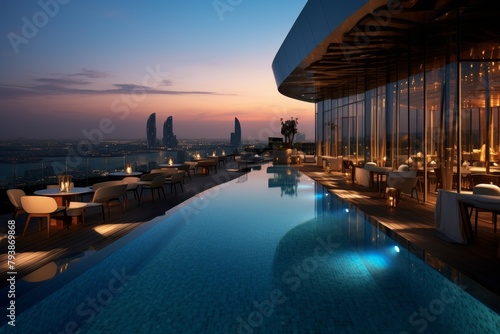 A Luxurious Rooftop Pool Bar Overlooking the Bustling Cityscape, Illuminated by the Warm Glow of Sunset