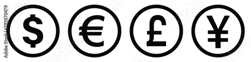 International currency symbol icons. set of common currency signs. dollar, euro, pound and yen. vector symbol on transparent background.