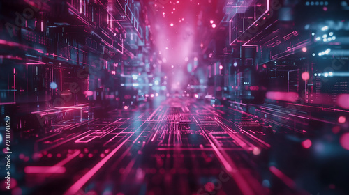 This image depicts a digital data center corridor with a futuristic red hue  symbolizing connectivity and high-tech environment