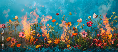  Beauty and Destruction  Delicate Flowers Against Flames in a Dynamic Interplay