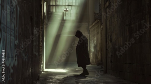 Elusive Figure in Trench Coat Passing through Deserted Alley with Hidden Secrets Vintage Photograph. photo