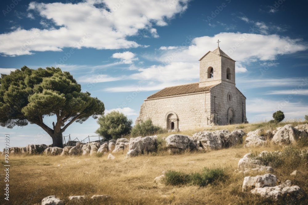 A Majestic White-Washed Church Towering Against a Clear, Azure Sky, Surrounded by Verdant Greenery and Ancient Stone Walls A Majestic White-Washed Church Towering Against a Clear, Azure Sky, Surrounded by Verdant Greenery and Ancient Stone Walls