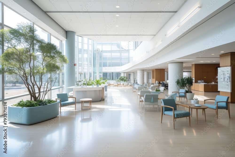 A Modern Health Clinic with a Serene Ambiance, Featuring Contemporary Architecture, Tranquil Waiting Areas, and Advanced Medical Equipment A Modern Health Clinic with a Serene Ambiance, Featuring Contemporary Architecture, Tranquil Waiting Areas, and Advanced Medical Equipment