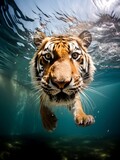Portrait of a tiger swimming underwater water, splashes and bubbles on blue background. Animal dives under the water. Concept for poster, print, wed design, banner. Water drops. 