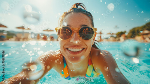 A woman with sunglasses and a swim ring in a cheerful splash