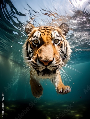 Portrait of a tiger swimming underwater water, splashes and bubbles on blue background. Animal dives under the water. Concept for poster, print, wed design, banner. Water drops. 