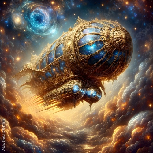 A mesmerizing baroque airship soars against a galactic backdrop.