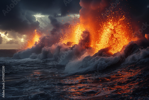 maritime volcano erupting lava through waves, sea storm
