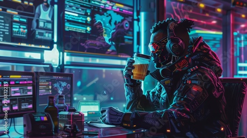 Cyberpunk coffee enthusiast sipping a glowing, neoncolored brew in a hightech mug, surrounded by digital screens