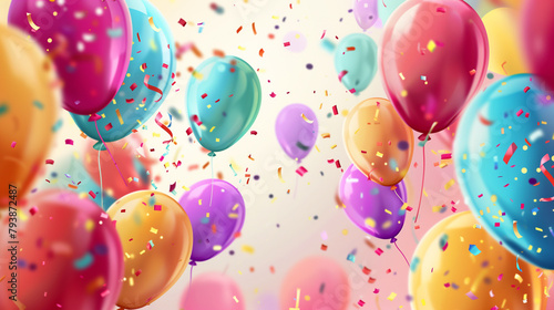 Background with festive realistic balloons with ribbon