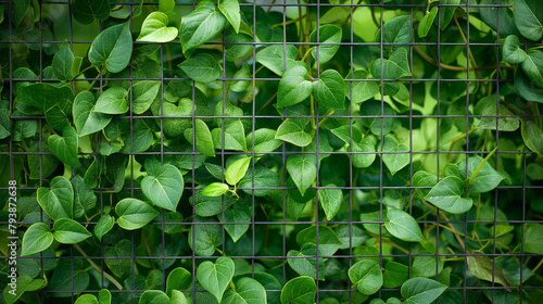 Vibrant green leaves intertwined on metal grid photo