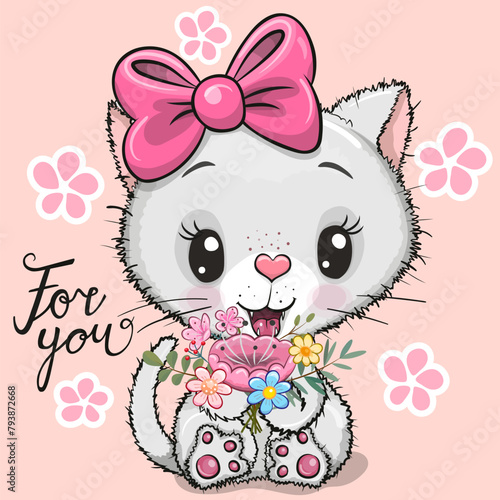 Cartoon White kitty with flowers on a pink background
