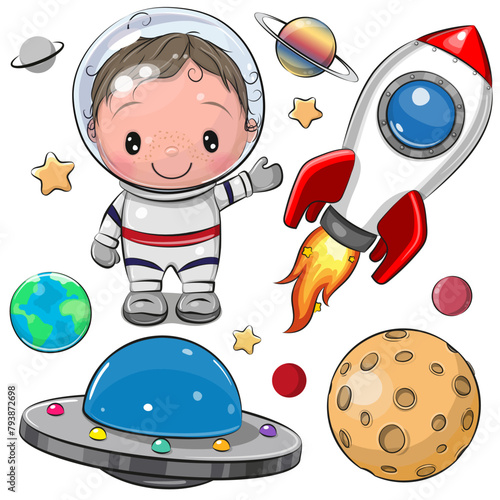 Cartoon space set of astronaut, rocket and planets