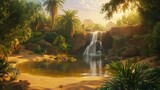 A hidden oasis in a desert setting featuring a waterfall